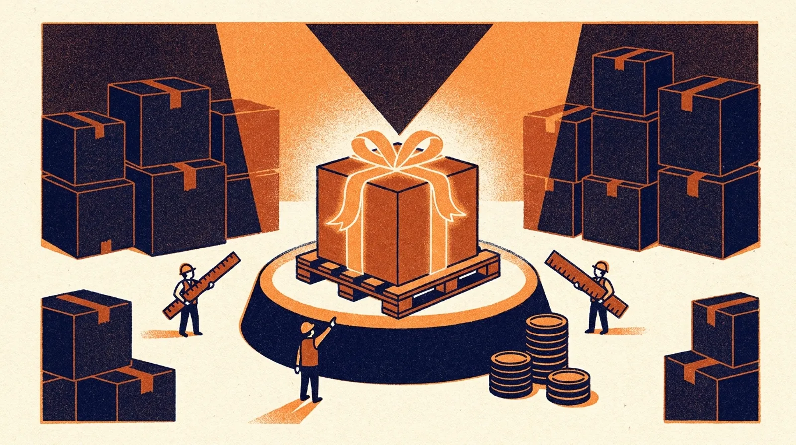 Обычная коробка на складе, выделенная золотой лентой и светом прожектора среди простых коробок
