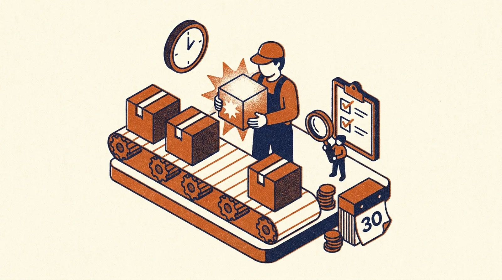 Как удалить отзыв на Amazon: крошечный работник склада вынимает один проблемный отзыв-звезду из ряда посылок, пока инспектор проверяет его по чек-листу.
