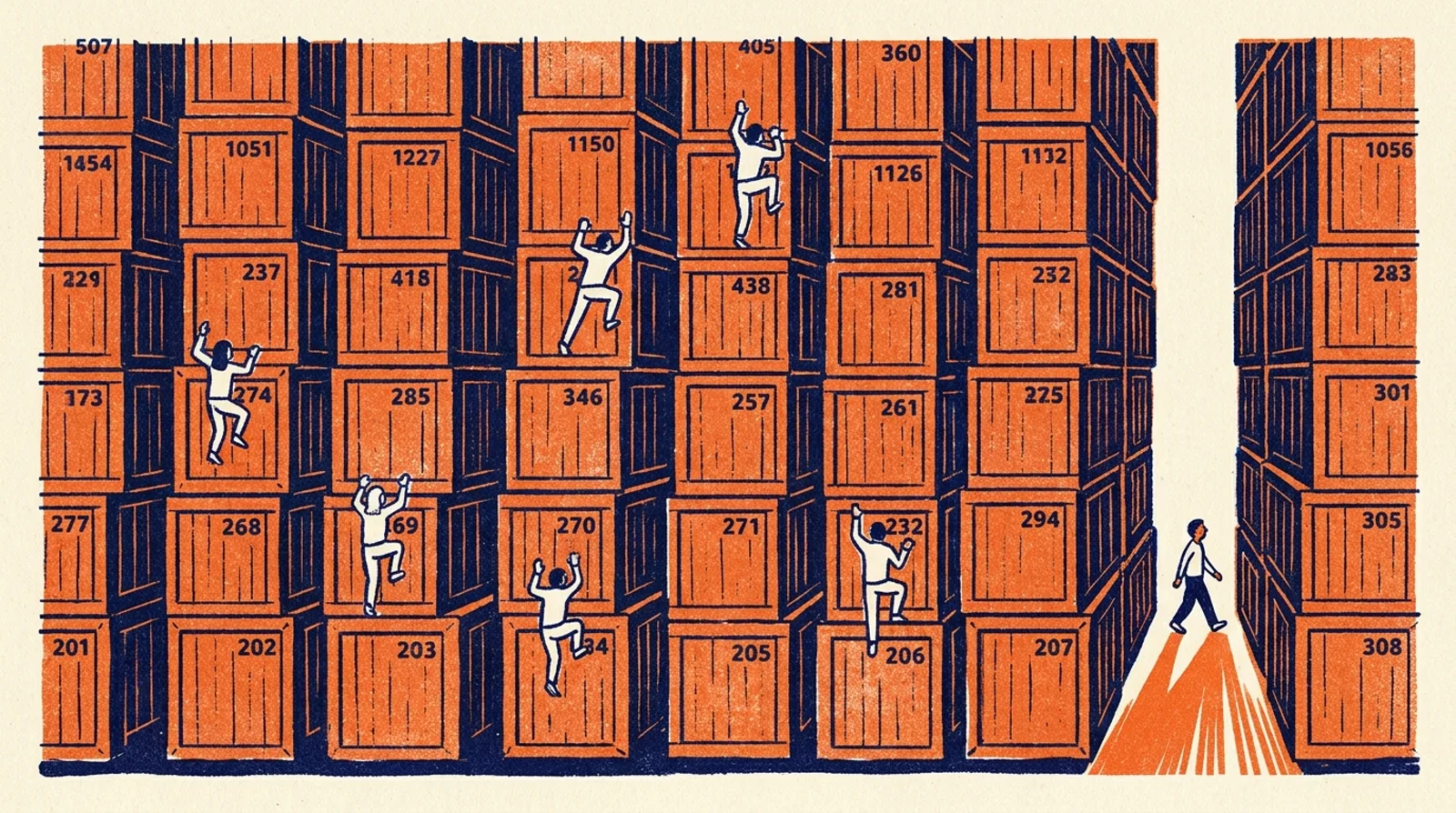 Стена одинаковых коробок как метафора высокой конкуренции на Amazon, с проходом через узкую суб-нишу сбоку