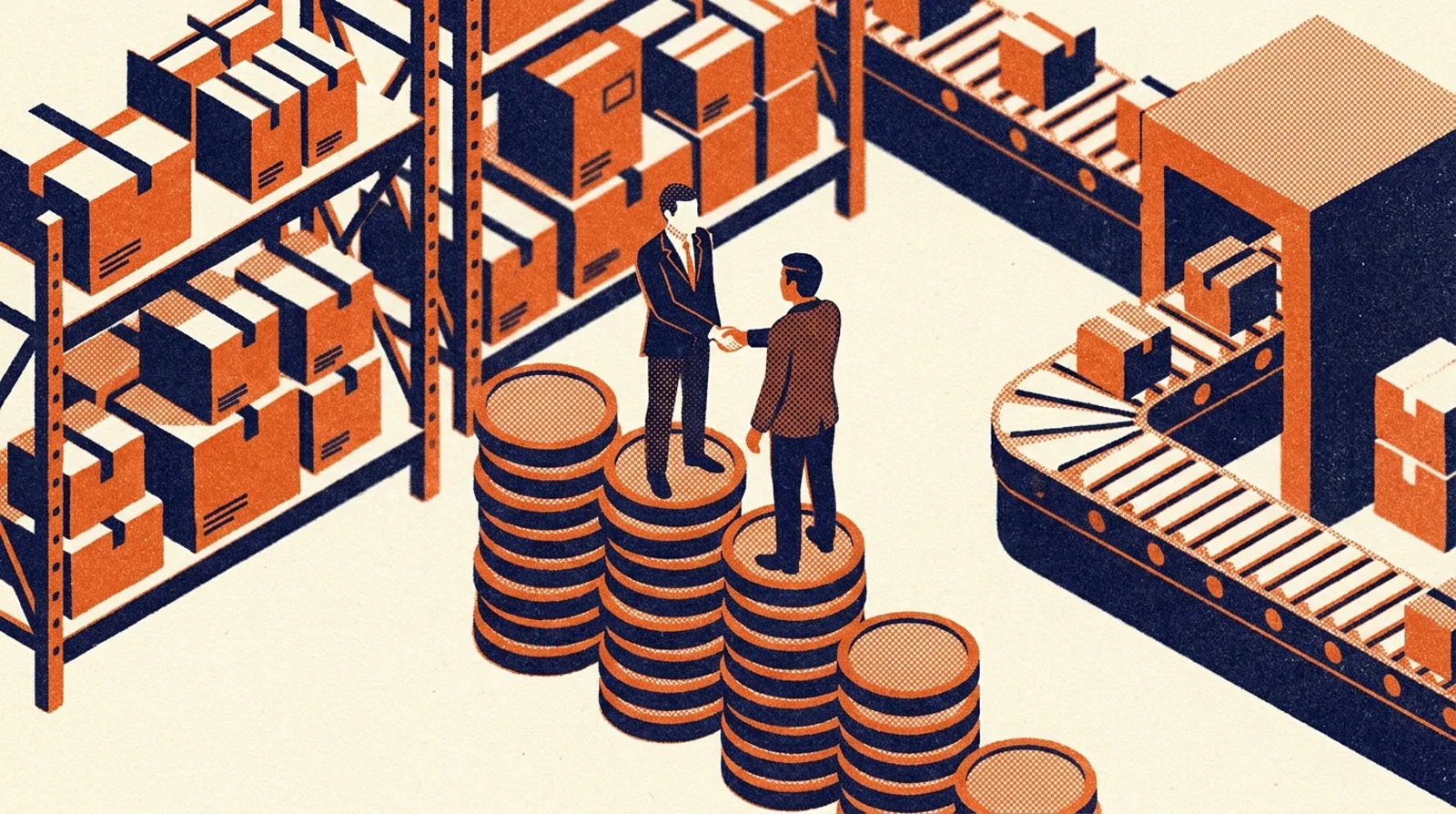 Миниатюрное рукопожатие продавца и владельца фабрики на фоне склада с коробками и убывающей стопкой монет.